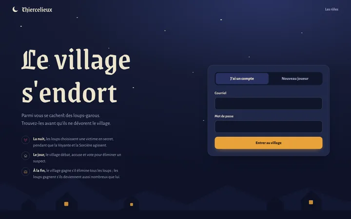 Page d'accueil de Thiercelieux : titre Le village s'endort sur un ciel de nuit, résumé des règles et formulaire de connexion.