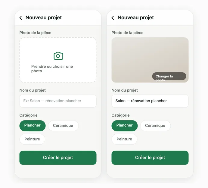 Deux écrans Nouveau projet : zone pour prendre ou choisir une photo, nom du projet et catégorie Plancher, Céramique ou Peinture.