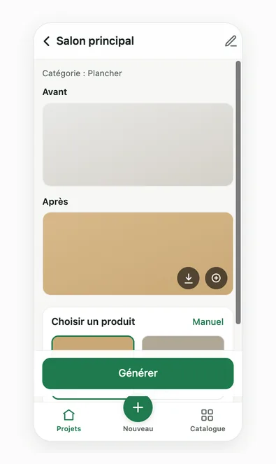 Écran d'un projet Renovision AI nommé Salon principal : photo avant, rendu après, choix d'un produit de plancher et bouton Générer.